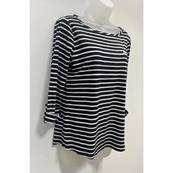 Croft & Barrow Black/White Striped Roll Tab Sleeve Pullover Top Blouse Size M - Picture 2 of 7